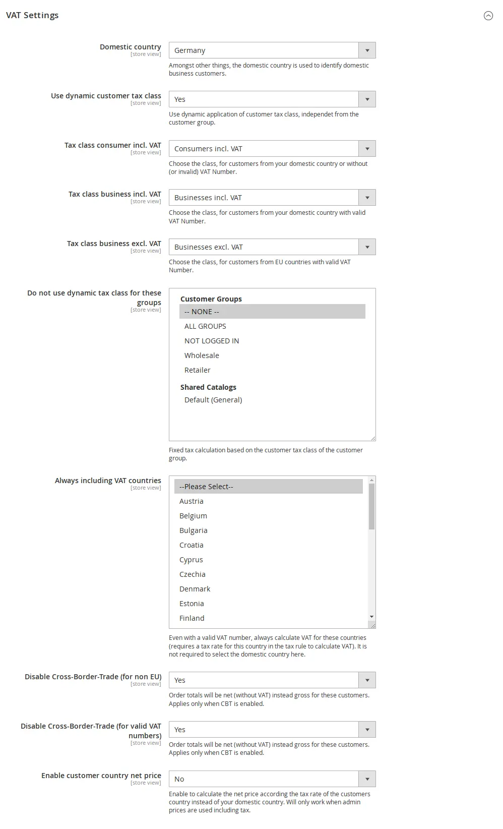 VAT settings