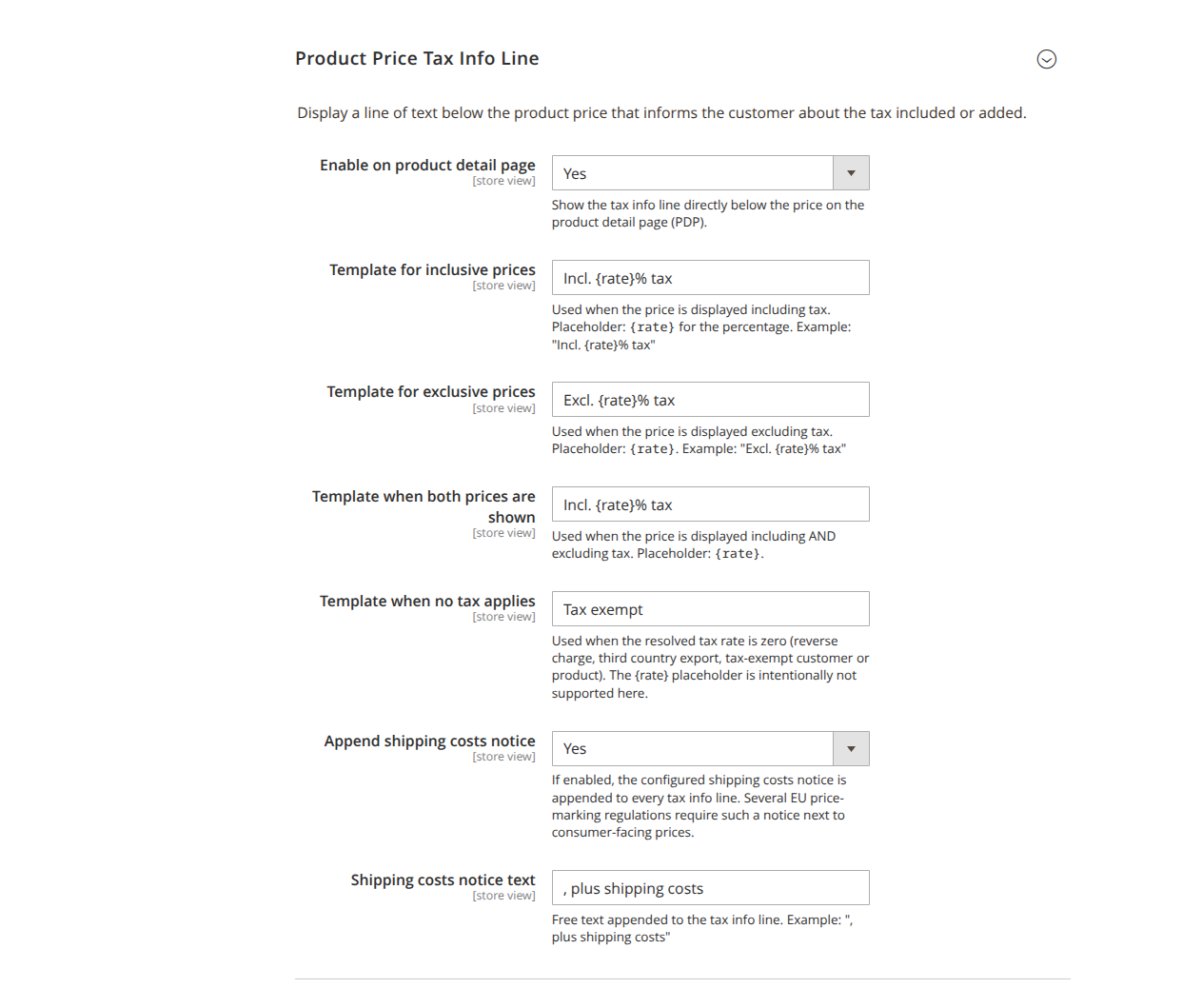 Tax info line below the product price