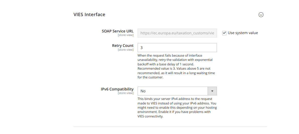 VIES interface settings