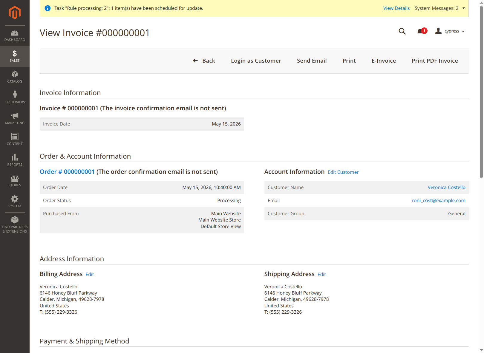 Invoice view in the admin area
