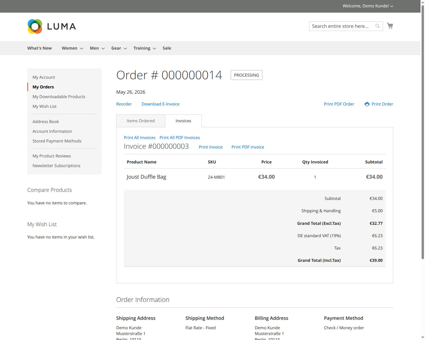 Invoice download in the customer account