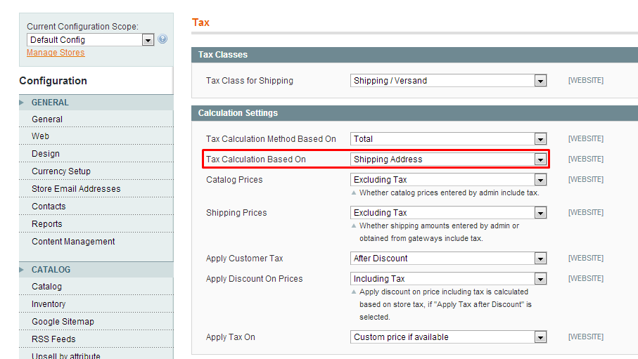 Configuration de la taxe
